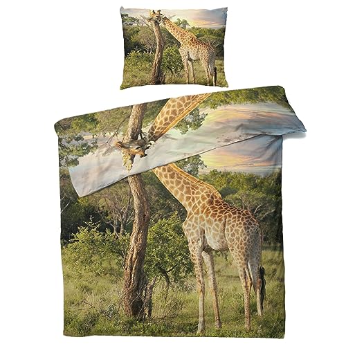 MOBEITI Giraffe Bettwäsche 140x200, 3D Afrikanische Tiere Wendebettwäsche, Weiche Kuschelige Mikrofaser Bettbezug Set 2teilig, 1 Kissenbezug 70x90, mit Reißverschluss von MOBEITI