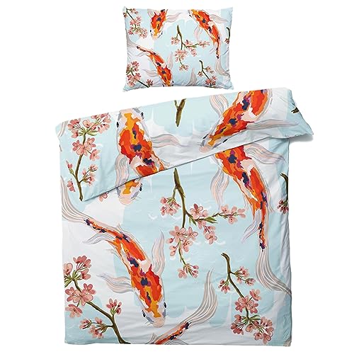 MOBEITI Japanische Bettwäsche 135x200, Japan Style Koi Kirschblüten Wendebettwäsche, Weiche Kuschelige Mikrofaser Bettbezug Set 2teilig, 1 Kissenbezug 80x80, mit Reißverschluss - Asiatische Motive 23 von MOBEITI