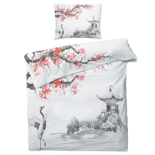 MOBEITI Japanische Bettwäsche 155x200 2teilig, Chinesische Asiatische Motive Kirschblüte Kranich Wendebettwäsche, Weiche Mikrofaser Bettbezug Set mit Reißverschluss, 1 Kissenbezug 80x80 von MOBEITI