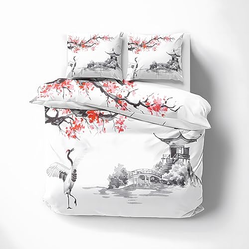 MOBEITI Japanische Bettwäsche 200x220 3teilig, Chinesische Asiatische Motive Kirschblüte Kranich Wendebettwäsche, Weiche Mikrofaser Bettbezug Set mit Reißverschluss, 2 Kissenbezug 80x80 von MOBEITI