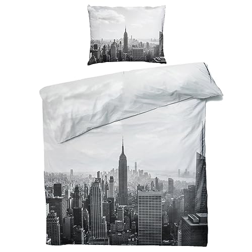 MOBEITI New York Bettwäsche 135x200, Stadt Wendebettwäsche, Weiche Kuschelige Mikrofaser Bettbezug Set 2teilig, 1 Kissenbezug 80x80, mit Reißverschluss von MOBEITI