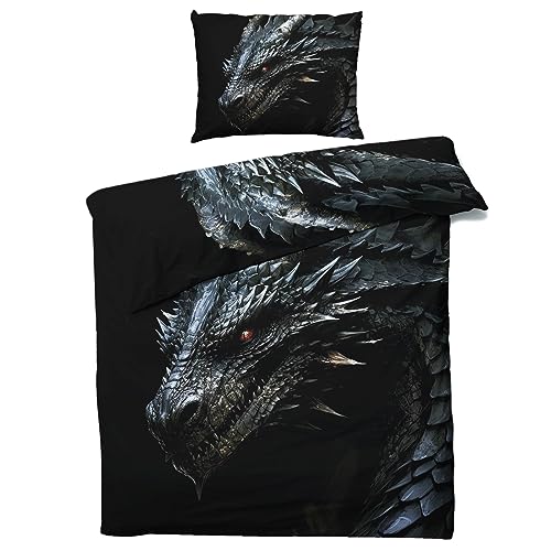 MOBEITI Schwarze Drachen Bettwäsche 135x200, Fantasy Drachenmotiv Wendebettwäsche, Weiche Kuschelige Mikrofaser Bettbezug Set 2teilig, 1 Kissenbezug 80x80, mit Reißverschluss von MOBEITI