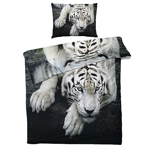 MOBEITI Tiger Bettwäsche 140x200, 3D Tiere Weißer Tigermotiv Wendebettwäsche, Weiche Kuschelige Mikrofaser Bettbezug Set 2teilig, 1 Kissenbezug 70x90, mit Reißverschluss von MOBEITI