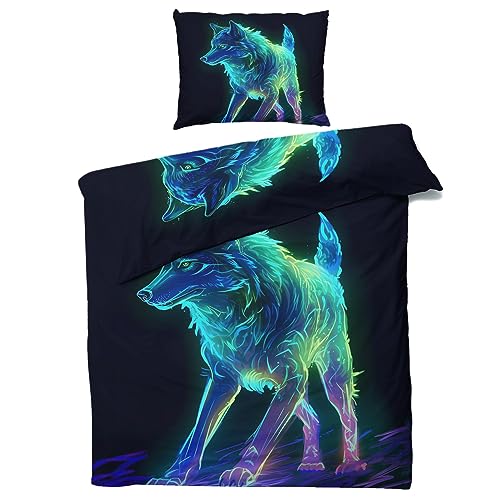 MOBEITI Wolf Motiv Bettwäsche 140x200, Fantasy Wolfsmotiv Wendebettwäsche, Weiche Kuschelige Mikrofaser Bettbezug Set 2teilig, 1 Kissenbezug 70x90, mit Reißverschluss von MOBEITI