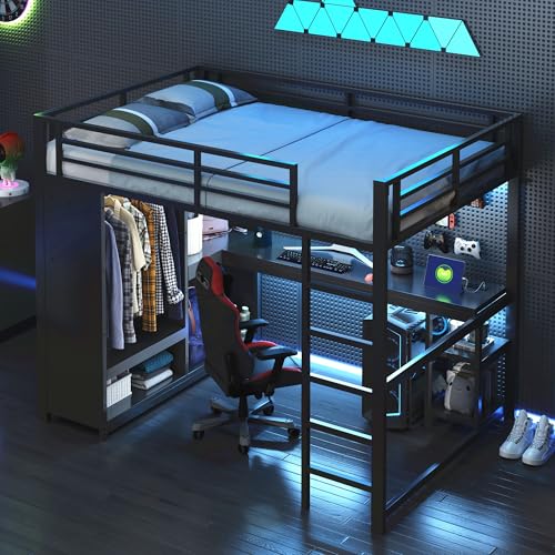 MOBETTRES 140x200 Metall-Gaming-Hochbett mit LED, Schreibtisch, offenem Kleiderschrank und Ablagefächern, Schwarz von MOBETTRES