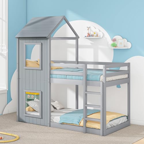 MOBETTRES 90 * 200cm Etagenbett, Kinderbett, Hausbett für Mädchen und Jungen, mit Leiter & Baldachin, bodentief, massivholz (Grau) von MOBETTRES
