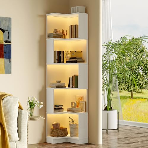 MOBETTRES Eckbücherregal, Multifunktionsbücherregal, L-förmiges Bücherregal, L-E-D-Farbwechsel-Lichtleiste, Fernbedienung/App-Steuerung, fünfschichtiger Stauraum (Weiß, 63.5 x 45 x 175cm) von MOBETTRES