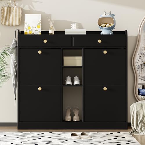 MOBETTRES Edler Schuhschrank mit 4 Klapptüren, 2 Schubladen, 3 offenen Fächern - perfekt für Moderne Flure und Eingangsbereiche, Maße 110 x 26 x 100 cm (Schwarz) von MOBETTRES