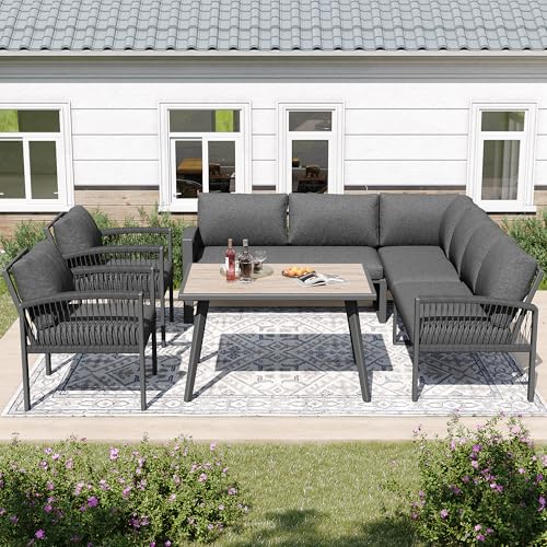MOBETTRES Garten-Lounge-Set, Möbelset für 8 Personen, Seilwerk, großer Tisch mit Holzmaserung, mit verzinktem Eisengestell, verstellbare Beine, alle Sitz- und Rückenkissen inklusive, grau MOBETTRES Garten-Lounge-Set, Möbelset für 8 Personen, Seilwerk, großer Tisch mit Holzmaserung, mit verzinktem Eisengestell, verstellbare Beine, alle Sitz- und Rückenkissen inklusive, grau von MOBETTRES