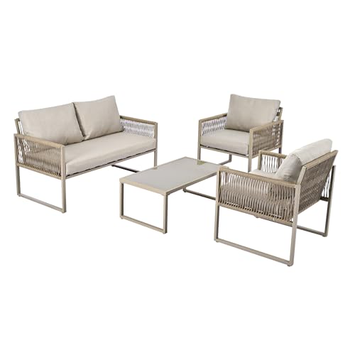 MOBETTRES Garten-Lounge-Set mit verzinktem Eisenrahmen, Gartenmöbel-Set aus Seil, Lounge-Set aus khakifarbenem Seil mit Sitzkissen, verstellbaren Füßen, glatter Glasplatte, 4er-Set (Khaki) von MOBETTRES