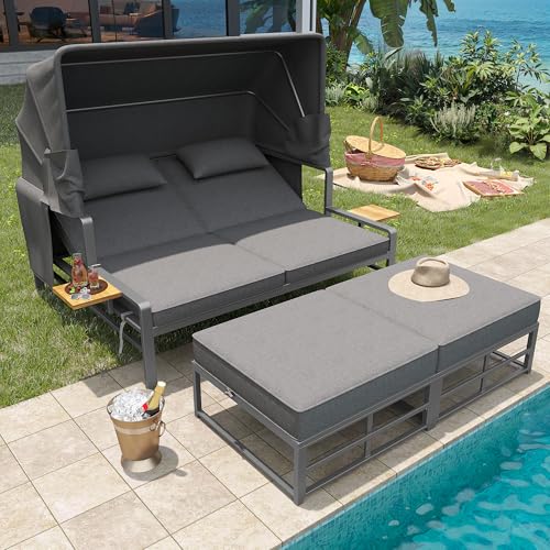MOBETTRES Gartenlounge-Set für 2-4 Personen, Sonnenliege Set, Gartenliege 2 Personen mit faltbarem Sonnendach, Sofa-Set für draußen, Essgruppe für Terrasse Balkon Garten Indoor Outdoor MOBETTRES Gartenlounge-Set für 2-4 Personen, Sonnenliege Set, Gartenliege 2 Personen mit faltbarem Sonnendach, Sofa-Set für draußen, Essgruppe für Terrasse Balkon Garten Indoor Outdoor von MOBETTRES
