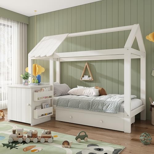 MOBETTRES Hausbett Kinderbett 90x200 cm aus Massivholz mit Schubladen & abnehmbarem Nachttisch (Weiß, 90x200) von MOBETTRES