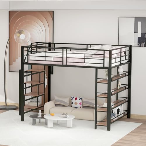 MOBETTRES Hochbett, mit Sicherheitstreppe, Stauraum und kleinem Kleiderschrank, Einlegeböden, hohes Zaundesign, Einzelbett, Jugendbett (Schwarz, 140 * 200) von MOBETTRES