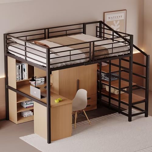 MOBETTRES Hochbett 140 x 200 Stabile Metallkonstruktion mit geräumigem Stauraum unter dem Bett und Treppe Ideal für Kinder und Erwachsene Stauraumbett für maximale Platzeffizienz (Schwarz) von MOBETTRES