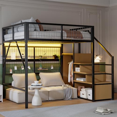 MOBETTRES Hochbett 140 x 200 Stabile Metallkonstruktion mit geräumigem Stauraum unter dem Bett und Treppe Ideal für Kinder und Erwachsene Stauraumbett für maximale Platzeffizienz (Schwarz - C) von MOBETTRES