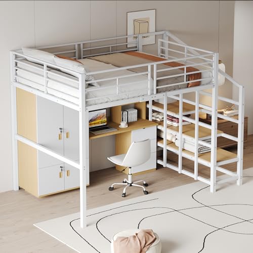 MOBETTRES Hochbett 140 x 200 Stabile Metallkonstruktion mit geräumigem Stauraum unter dem Bett und Treppe Ideal für Kinder und Erwachsene Stauraumbett für maximale Platzeffizienz (Weiß) von MOBETTRES