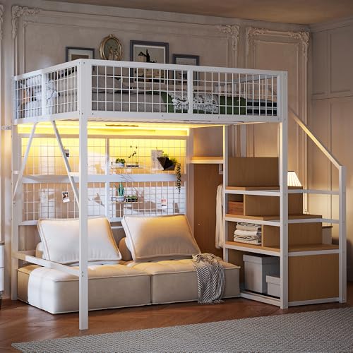MOBETTRES Hochbett 140 x 200 Stabile Metallkonstruktion mit geräumigem Stauraum unter dem Bett und Treppe Ideal für Kinder und Erwachsene Stauraumbett für maximale Platzeffizienz (Weiß - C) von MOBETTRES