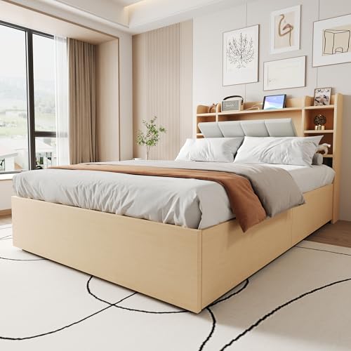 MOBETTRES Holzbett, Hydraulisches Bett, Kopfteil mit Stauraum, ausgestattet mit USB- und Tape-C-Steckdose, Einzelbett, Jugendbett, (ohne Matratze) (Holzfarbe, 140 x 200) von MOBETTRES