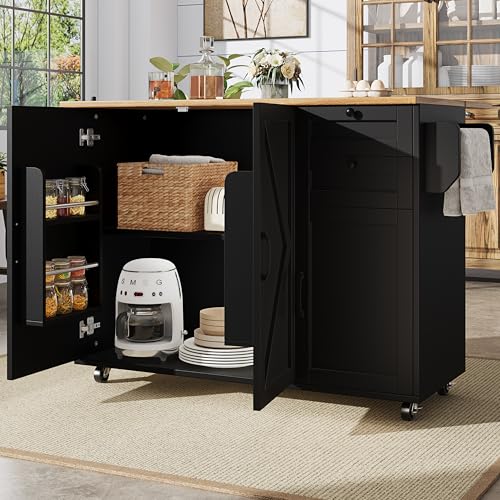 MOBETTRES Kücheninsel, Küchenschrank, buffetschrank, Speisewagen mit Holzmaserung, buffetschrank, Multifunktionale Esstisch mit Speicherraum, Speisewagen mit Snackregalen (Schwarz) von MOBETTRES