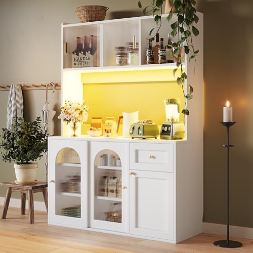 MOBETTRES Küchenschrank, Hochschrank, Vitrinenschrank, Buffetschrank mit Verstellbaren Ablagen, Esszimmerschrank, Sideboard mit L-E-D-Beleuchtung (Weiß) von MOBETTRES