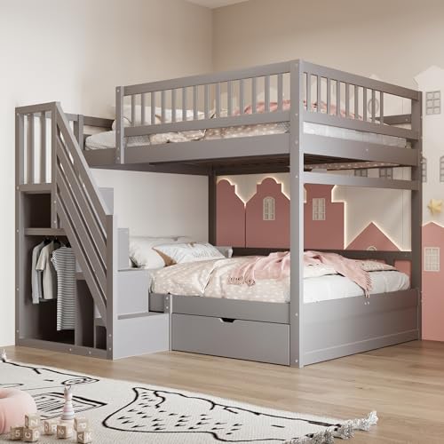 MOBETTRES Massivholz-Etagenbett Mit Hohem Sicherheitsgitter, Mit Lattenrost, Sicherheitsleiter mit Stauraum, Mit Stauschubladen, Kinderbett Junior Doppelbett (Grau, 140 * 200cm) von MOBETTRES