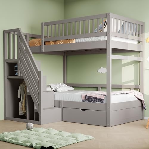 MOBETTRES Massivholz-Etagenbett Mit Hohem Sicherheitsgitter, Mit Lattenrost, Sicherheitsleiter mit Stauraum, Mit Stauschubladen, Kinderbett Junior Doppelbett (Grau, 90 * 200cm) von MOBETTRES