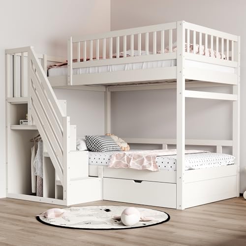 MOBETTRES Massivholz-Etagenbett Mit Hohem Sicherheitsgitter, Mit Lattenrost, Sicherheitsleiter mit Stauraum, Mit Stauschubladen, Kinderbett Junior Doppelbett (Weiß, 90 * 200cm) von MOBETTRES