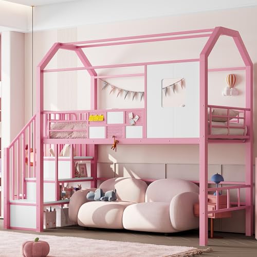 MOBETTRES Metall-Hochbett 90x200 mit Dachkonstruktion und Stauraumtreppe (Rosa) von MOBETTRES
