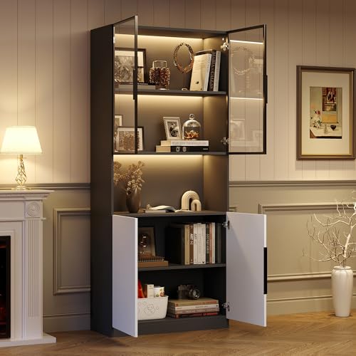 MOBETTRES Moderne minimalistische Vitrine mit Glastüren, Vitrine mit L-E-D-Leuchten, Bücherregal für Sammlerstücke, einstellbare Farbtemperatur und Helligkeit (Weiß, 80 * 30 * 200cm) von MOBETTRES