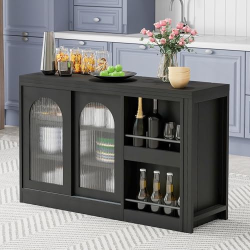 Moderner Bartisch, Ausziehbar 360° Drehbare Bartisch Mit Stauraum, Reversibel Tisch Sideboard Bar Mit Glasschranktür, Bar Tisch Für Küche Kaffeebar Möbel (Schwarz) von MOBETTRES