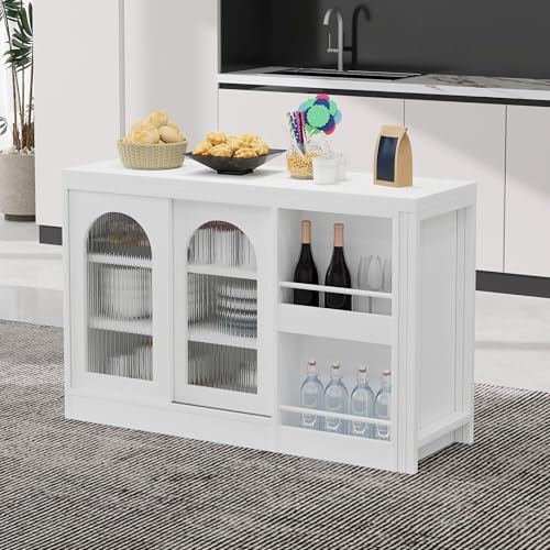 MOBETTRES Moderner Bartisch, Ausziehbar 360° Drehbare Bartisch Mit Stauraum, Reversibel Tisch Sideboard Bar Mit Glasschranktür, Bar Tisch Für Küche Kaffeebar Möbel (Weiß) von MOBETTRES
