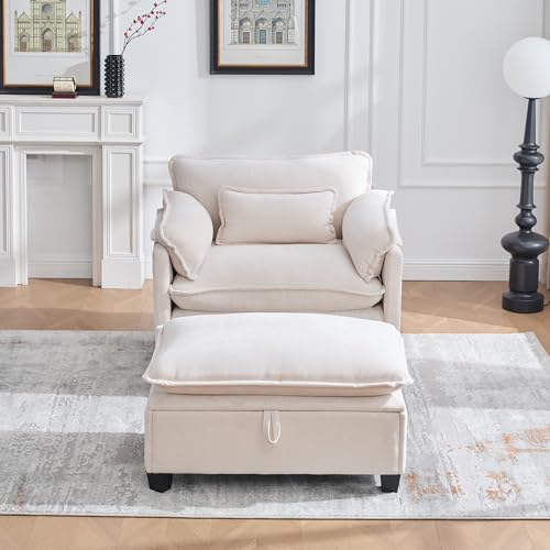 MOBETTRES Moderner übergroßer Sessel mit Fußstütze und Hocker, Samt-Loungesessel mit Seitentaschen und Kissen, bequemer Lesesessel für Wohnzimmer, Schlafzimmer und Wohnung (Beige) von MOBETTRES