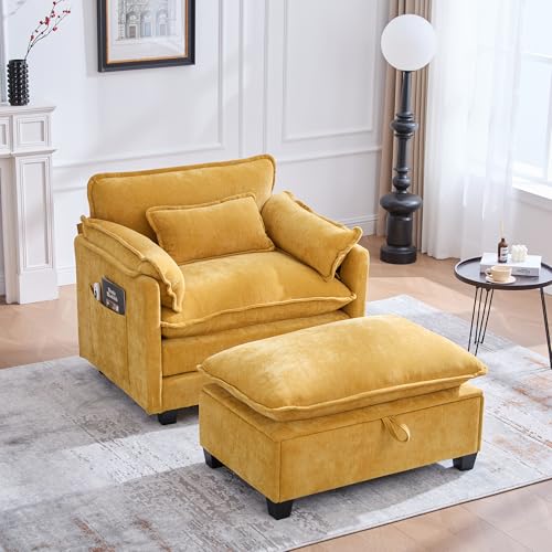 MOBETTRES Moderner übergroßer Sessel mit Fußstütze und Hocker, Samt-Loungesessel mit Seitentaschen und Kissen, bequemer Lesesessel für Wohnzimmer, Schlafzimmer und Wohnung (Gelb) von MOBETTRES