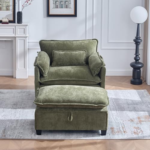 MOBETTRES Moderner übergroßer Sessel mit Fußstütze und Hocker, Samt-Loungesessel mit Seitentaschen und Kissen, bequemer Lesesessel für Wohnzimmer, Schlafzimmer und Wohnung (Grün) von MOBETTRES