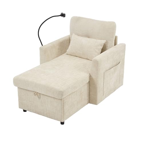 MOBETTRES Multifunktionales Faulenzersofa verstaubare Rückenlehne mit Handyhalterung Chenille Einzelner Freizeitstuhl für Wohnzimmer Schlafzimmer Kleiner Haushalt (Beige) von MOBETTRES
