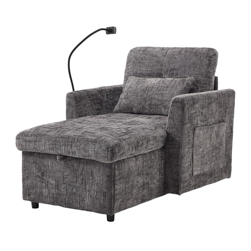 MOBETTRES Multifunktionales Faulenzersofa verstaubare Rückenlehne mit Handyhalterung Chenille Einzelner Freizeitstuhl für Wohnzimmer Schlafzimmer Kleiner Haushalt (Grau) von MOBETTRES