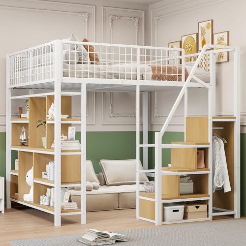 Multifunktionales Hochbett 140 x 200 cm, Metallbett mit Stauraum, Ablageflächen und Treppe, Erwachsenenbett und Kinderbett (Weiß) von MOBETTRES