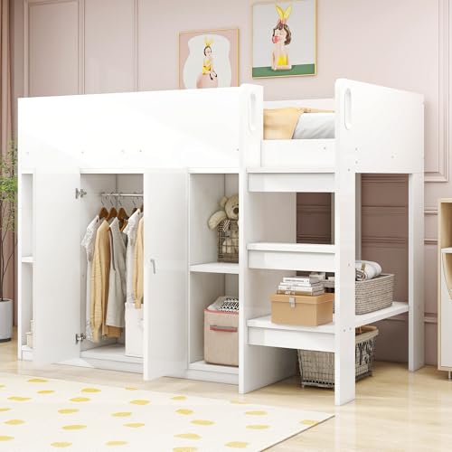 MOBETTRES Multifunktionales Hochbett 90 * 200 mit Stauraum, Schrank und Regalen – Kinderbett mit Leiter und Stabiler Konstruktion (Weiß) von MOBETTRES