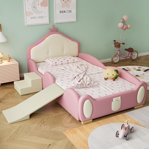 Polsterbett, Doppelbett, hydraulisches Bett, Hasenohren mit einstellbarer Helligkeit warmfarbenen Lichtstreifen, Stauraum unter dem Bett, zwei Aufbewahrungshockern, Samt (Rosa + Beige, 90x200cm) von MOBETTRES