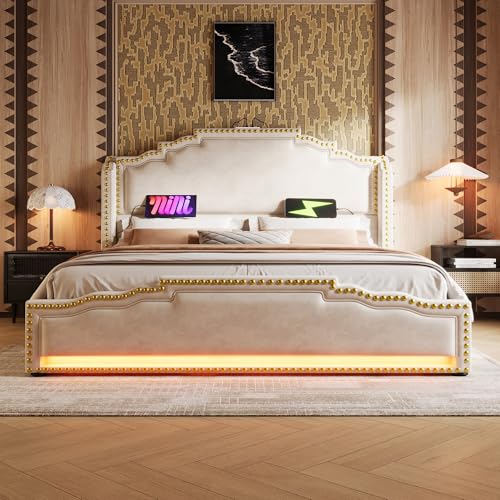 MOBETTRES Polsterbett, Doppelbett mit 4 Schubladen, L-E-D-Beleuchtung und USB-C-Ladeanschluss, Stauraumbett und Jugendbett mit Lattenrost, Samt, Beige, ohne Matratze (Beige, 160×200CM) von MOBETTRES