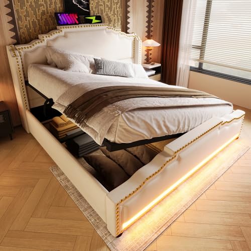 MOBETTRES Polsterbett, Doppelbett mit hydraulischem Stauraum, L-E-D-Beleuchtung und USB-C-Ladeanschluss, Stauraumbett und Jugendbett mit Lattenrost (Beige, 140x200) von MOBETTRES