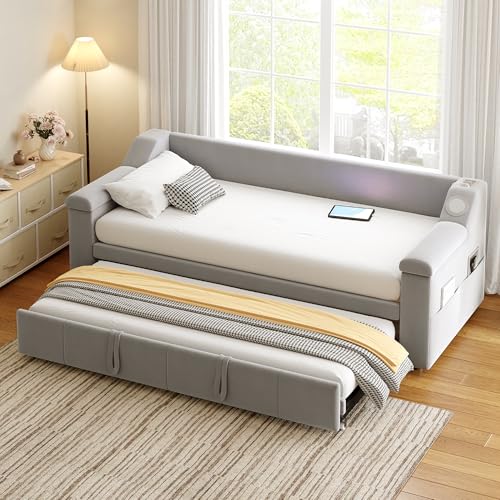 MOBETTRES Polsterbett Schlafsofa, 90/180 * 190 cm, Armlehnen Breiter und Dicker, Mit Smart Bluetooth-Stereoanlage Mit USB-Ladeanschluss, Mit Ablagefächern, Mit Lattenrost, Samtstoff (Hellgrau) von MOBETTRES