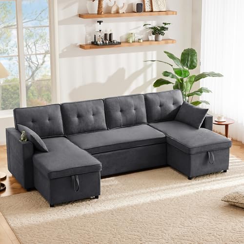 MOBETTRES Schlafsofa mit Schlaffunktion, U-förmiges Sofa, Polstersofa, Baumwoll- und Leinenstoffe, mit Getränkehalter, Zwei Stauräume, geeignet für Familien, Wohnzimmer und andere Orte (Grau) von MOBETTRES