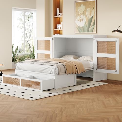 MOBETTRES Schrankbett, Wandbett mit Lattenrost, Wandklappbett, vertikales schrankbett mit Lattenrost, mit Stauraumschubladen, Rattan-Design, Holzbetten, Jugendbetten (Weiß, 140 x 200 cm) von MOBETTRES