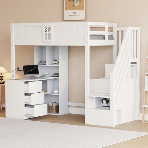 Massivholz-Hochbett 90 x 200 cm, Einzigartig Sicherheitsgitter mit Fenster, Mit Stauschränken, Seitliche Stauraum-Sicherheitsleiter (Verbessertes Modell ohne Kleiderschrank) von MOBETTRES