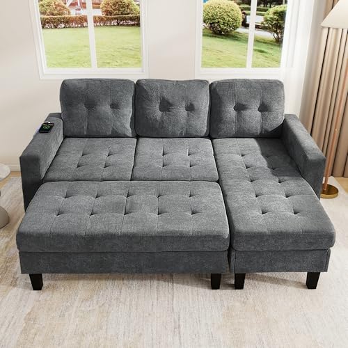 Multifunktionale L-Form Wohnzimmer-Sofagruppe: Mit extra großer beweglicher Fußbank + L-E-D-Ambiente-Beleuchtung,Dreisitzer-L-Form-Sofa + Zweisitzer-Fußbank-Kombination (Grau) von MOBETTRES