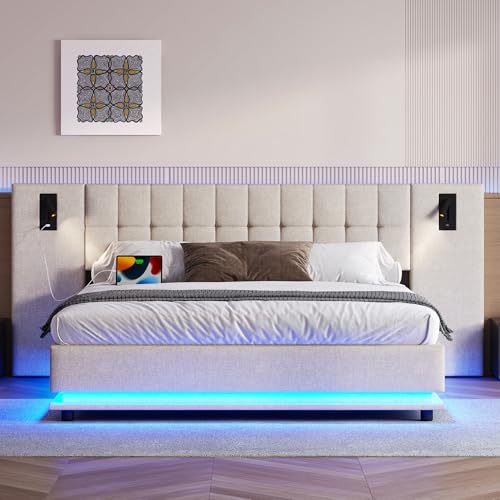 Polsterbett, mit L-E-D-Leiste, Kopfteil mit Spot, mit USB, ohne Matratze, Leinen (Beige, 180 * 200cm) von MOBETTRES