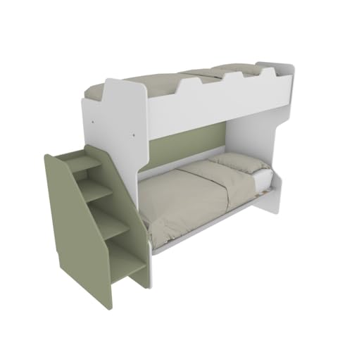 MOBILFINO CAMERETTE Tula Etagenbett mit 2 ausziehbaren Betten mit freistehender Leiter – Weiß und Salbei, ohne Ausziehbett von MOBILFINO CAMERETTE