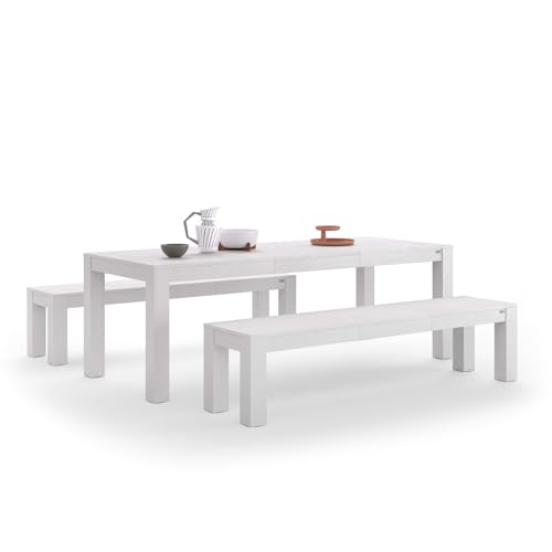 MOBILI FIVER, Ausziehbarer Tisch Rachele 160(225) x90 cm + 2 ausziehbare Bänke Rachele 140(192,5) x45 cm, Esche Weiß, Made In Italy von MOBILI FIVER