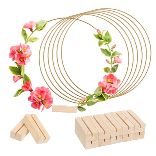 MOBUTOFU 10 Stück Teiliges Metallringe mit Holzsockel Minimalistisches Design Stabile Dekoringe zum Basteln Wreath Stand für Hochzeit Tischdeko und Blumige Mittelstücke von MOBUTOFU